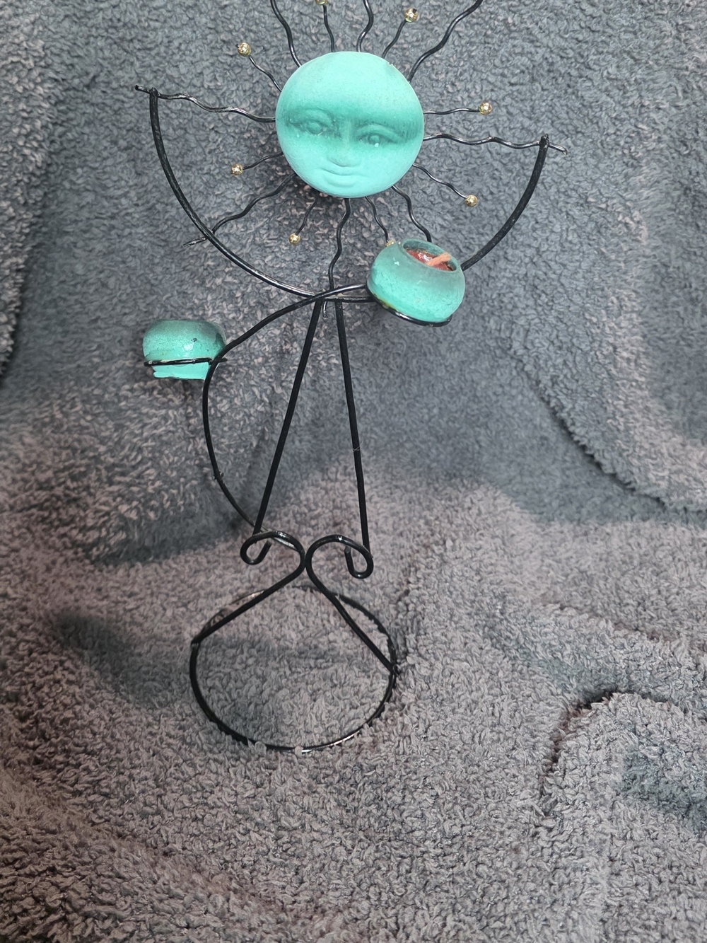 Vintage 1990s Wrought Iron Celestial Sun Tealight Holder - Turquoise Sunface